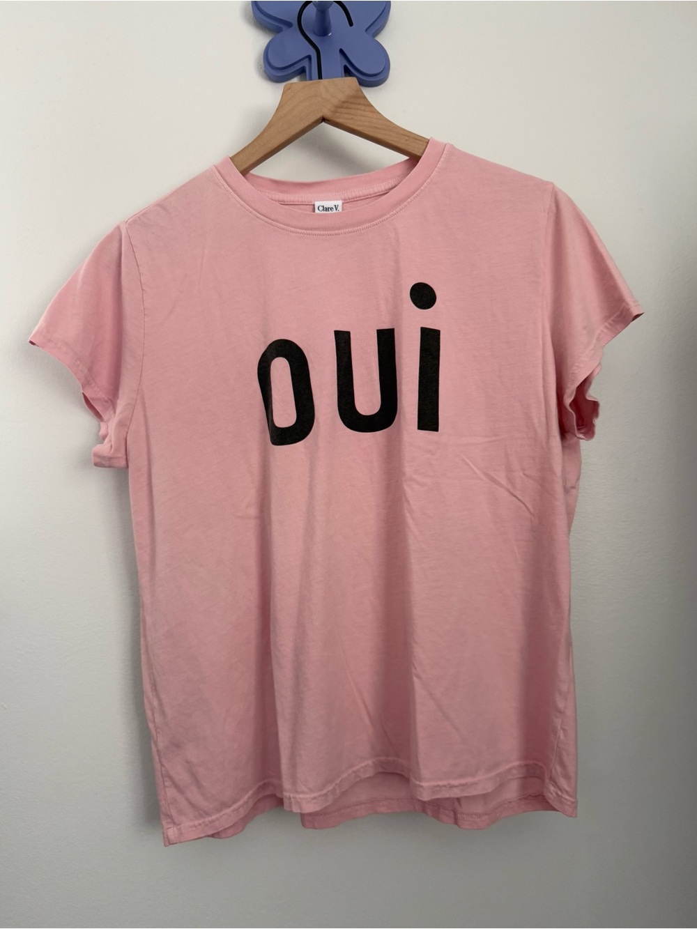 Clare V. Large Oui Short Sleeve Tee Light Pink Relaxed Boxy Fit Preppy